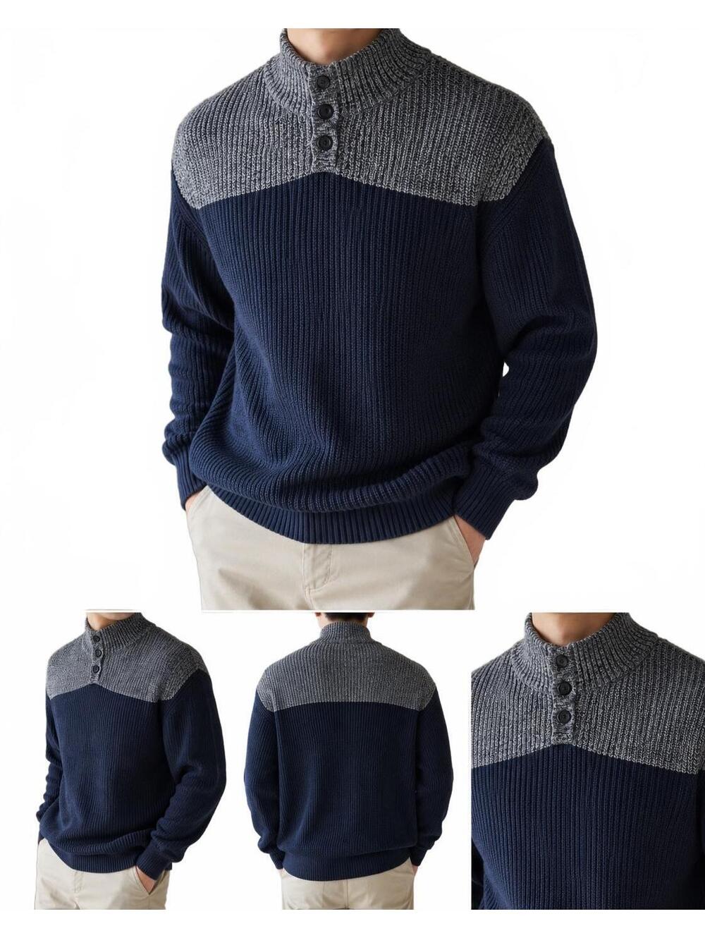 Banana Republic Men's Medium Navy and Gray Ribbed Knit Button-Up Sweater
